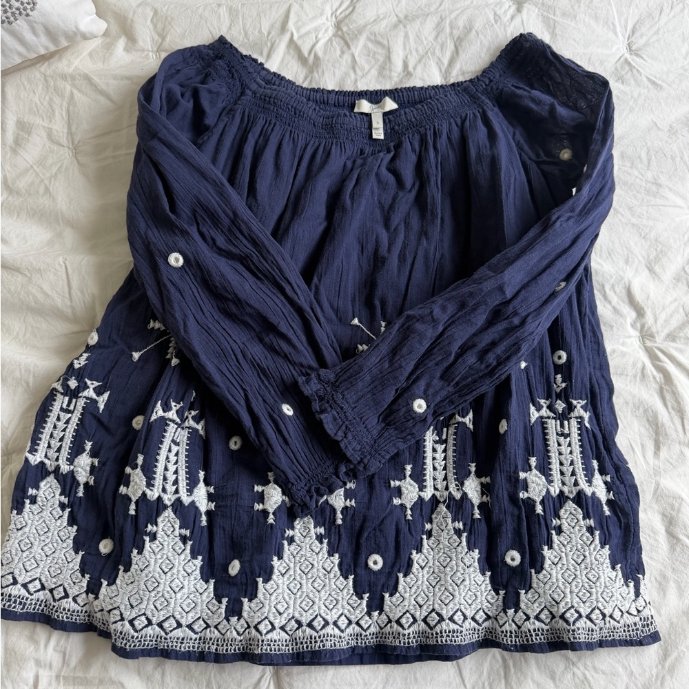 Joie Navy Off-the-Shoulder Embroidered Peasant Top
